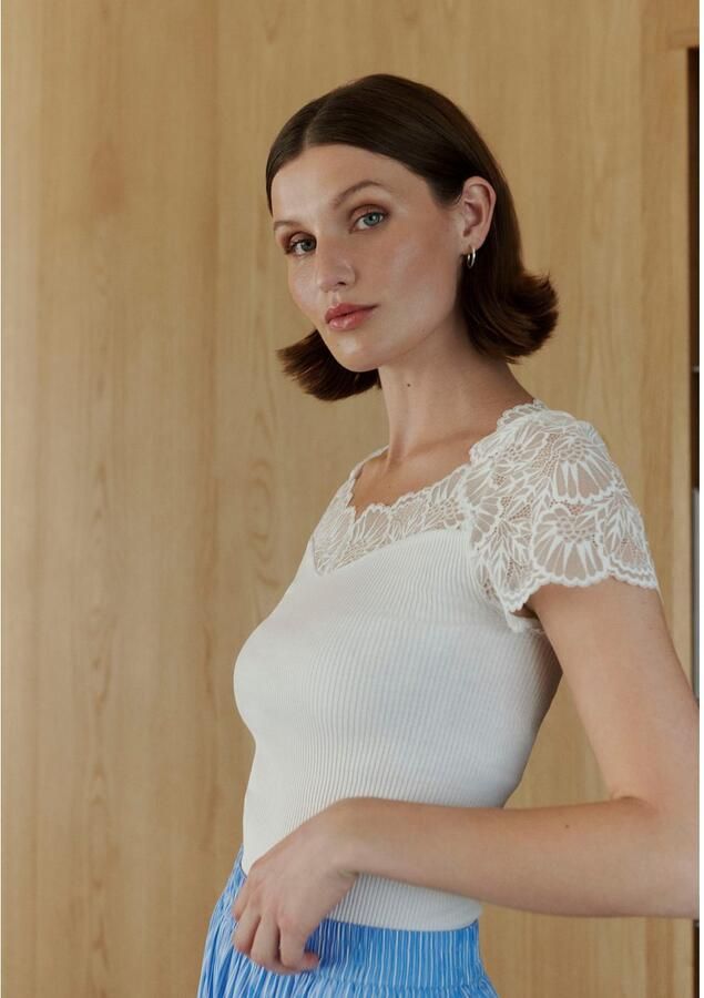 Rosemunde T-shirt elastische vintage-kanten rand korte mouw golvende zoom zijdemix - Foto 5