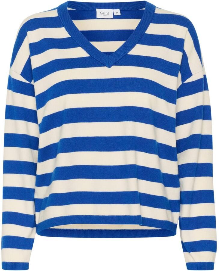 Saint Tropez Gestreepte V-Neck Pullover Trui Surf Blue Dames