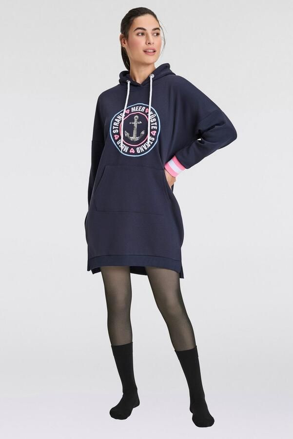 Zwillingsherz Sweatjurk Thuis aan het strand met capuchon kangoeroezak pailletten neonstrepen zijspliten - Foto 3