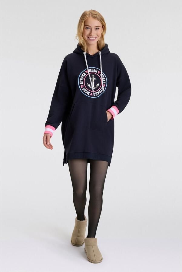 Zwillingsherz Sweatjurk Thuis aan het strand met capuchon kangoeroezak pailletten neonstrepen zijspliten - Foto 2