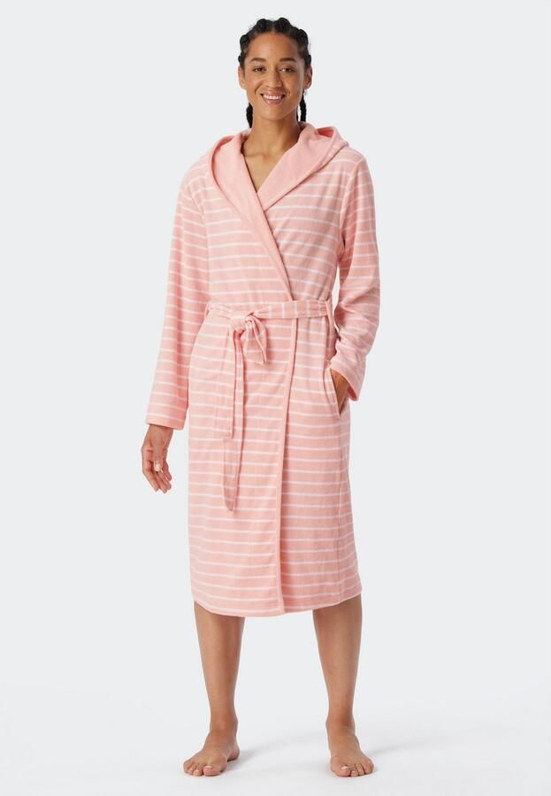 Schiesser Badjas Feather Terry Bindceintuur capuchon zijzakken regular fit badstof zacht