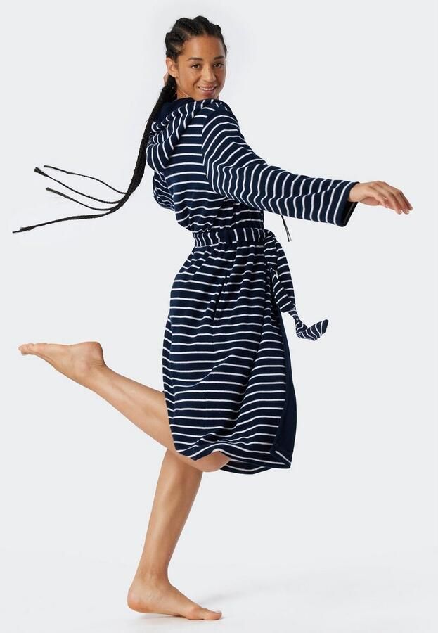 Schiesser Badjas Feather Terry Bindceintuur capuchon zijzakken regular fit badstof zacht