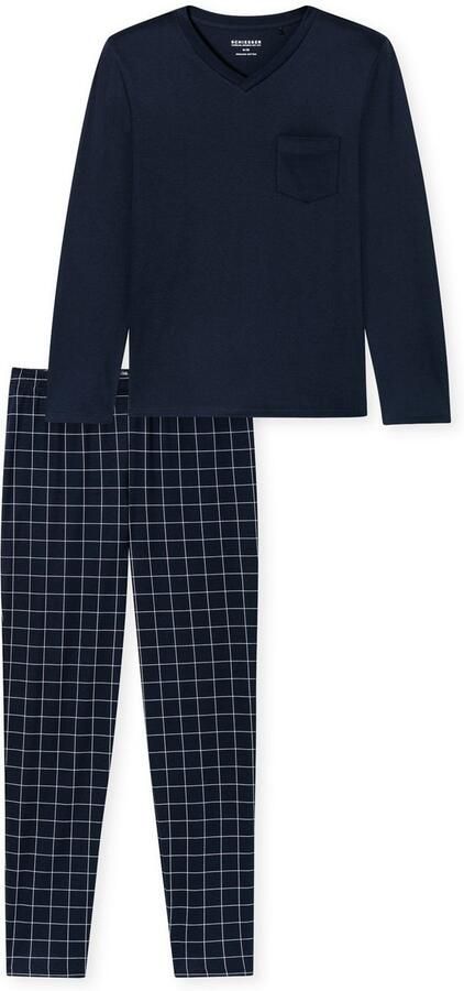 Schiesser Pyjama Fine Interlock Bovenstuk effen geruite broek V-hals lange mouw katoen (2-delig) - Foto 5