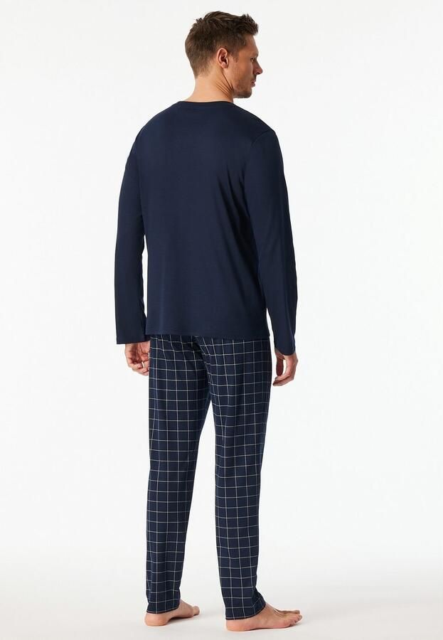 Schiesser Pyjama Fine Interlock Bovenstuk effen geruite broek V-hals lange mouw katoen (2-delig) - Foto 2