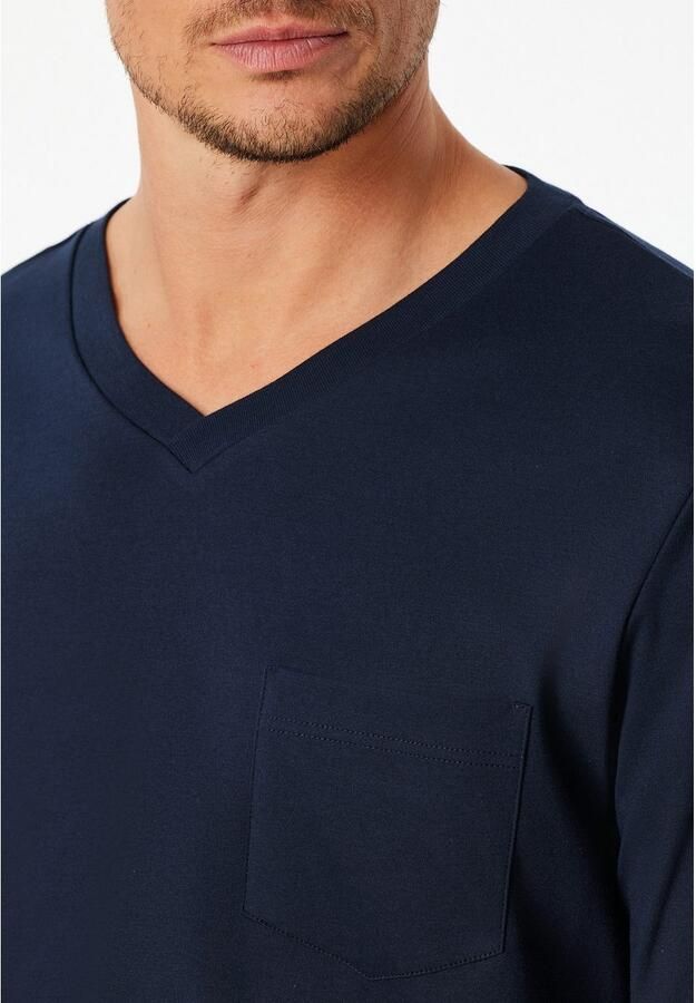 Schiesser Pyjama Fine Interlock Bovenstuk effen geruite broek V-hals lange mouw katoen (2-delig)