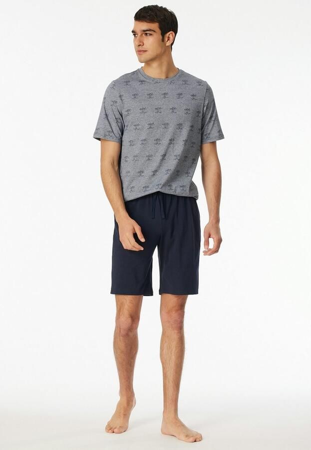 Schiesser Shortama 95 5 Shirt met garenverf fijne streep met palmprint (2-delig) - Foto 5