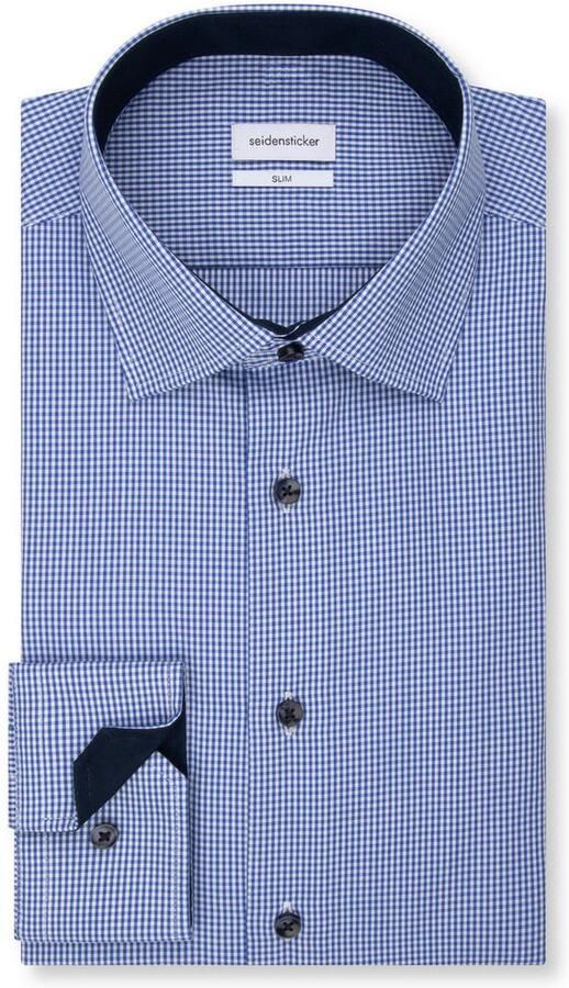 Seidensticker geruit slim fit overhemd middelmatig blauw - Foto 3