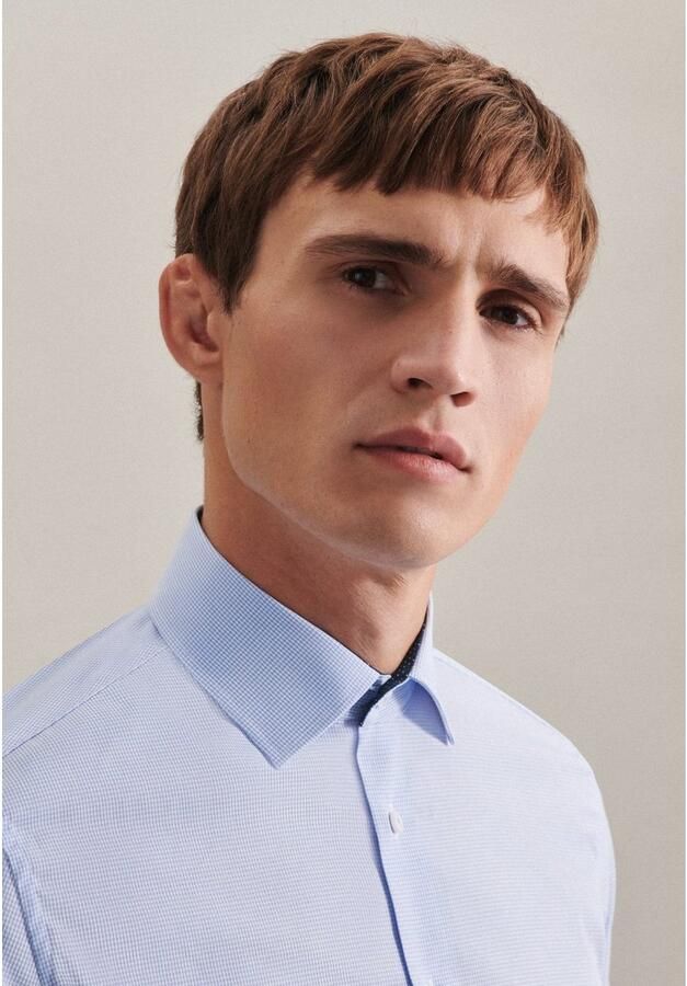 Seidensticker geruit slim fit overhemd lichtblauw - Foto 4