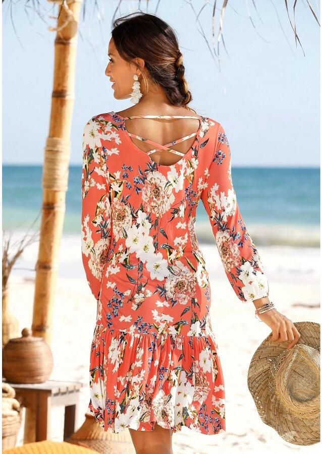 S.Oliver RED LABEL Beachwear Jerseyjurk met bloemenprint en rok met volants 3 4 mouwen zomerjurk strandjurk - Foto 3
