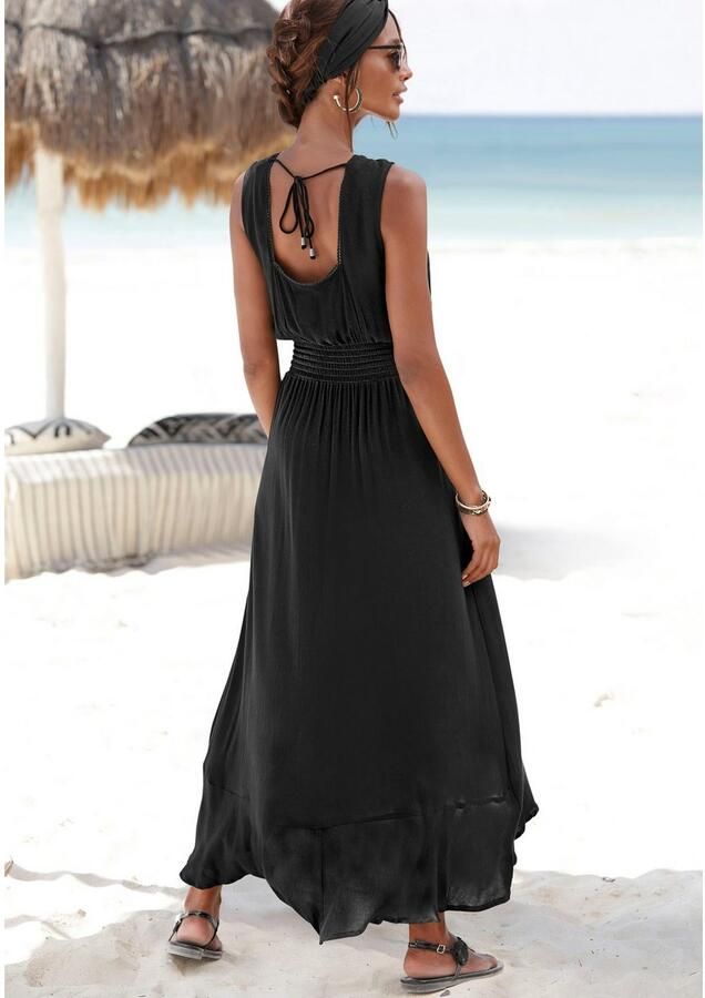 S.Oliver RED LABEL Beachwear Maxi-jurk gemaakt van crêpe viscose met striksluiting in de hals zomerjurk strandjurk