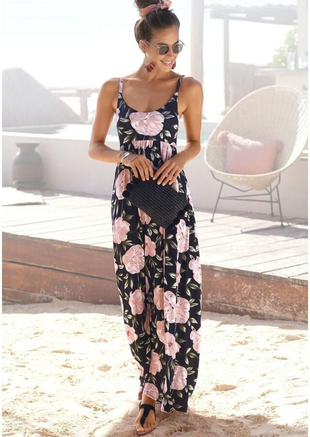 S.Oliver RED LABEL Beachwear Maxi-jurk met laag uitgesneden rug zomerjurk met all-over print strandjurk