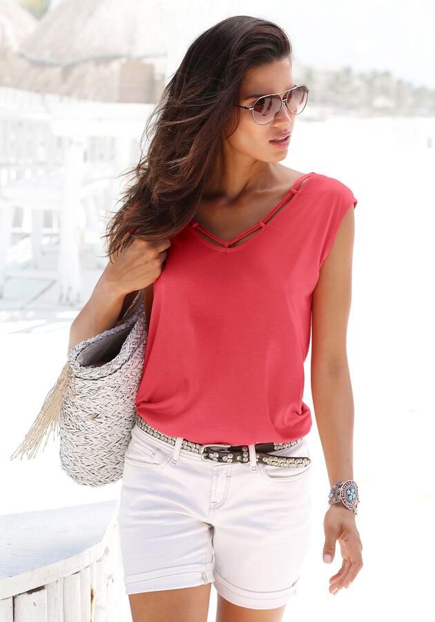 S.Oliver RED LABEL Beachwear T-shirt met sierbandjes bij de hals shirt met korte mouwen zomers - Foto 5