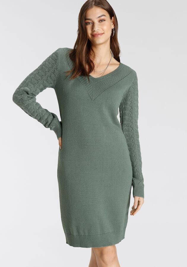 Tamaris Gebreide jurk met v-hals en ajourpatroon van viscosemix - Foto 7