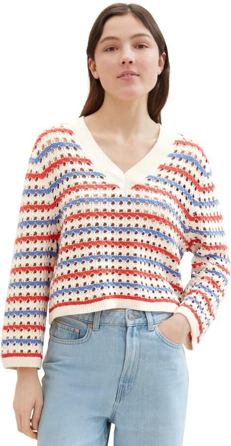 Tom Tailor Denim Gebreide trui in streep-look en met v-halslijn - Foto 6