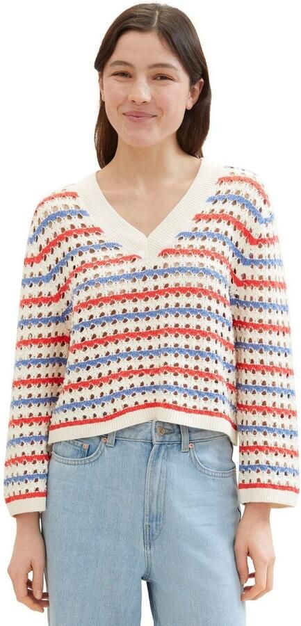 Tom Tailor Denim Gebreide trui in streep-look en met v-halslijn - Foto 3