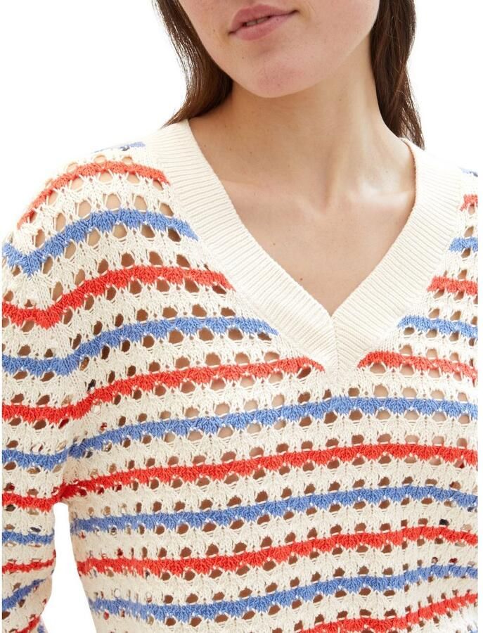 Tom Tailor Denim Gebreide trui in streep-look en met v-halslijn