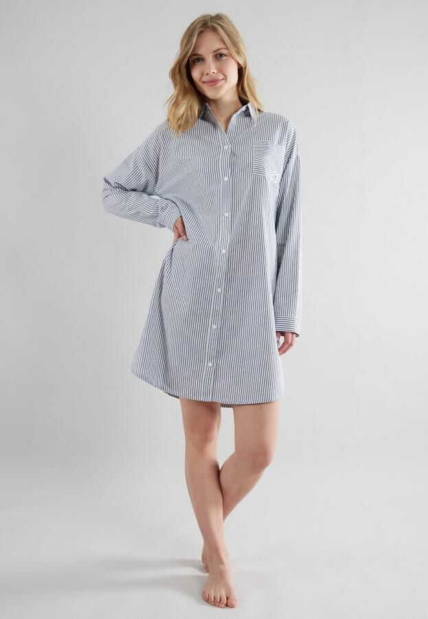 Tom Tailor Nachthemd Manilla met knoopsluiting kraag v-hals lange mouw ademend los - Foto 6