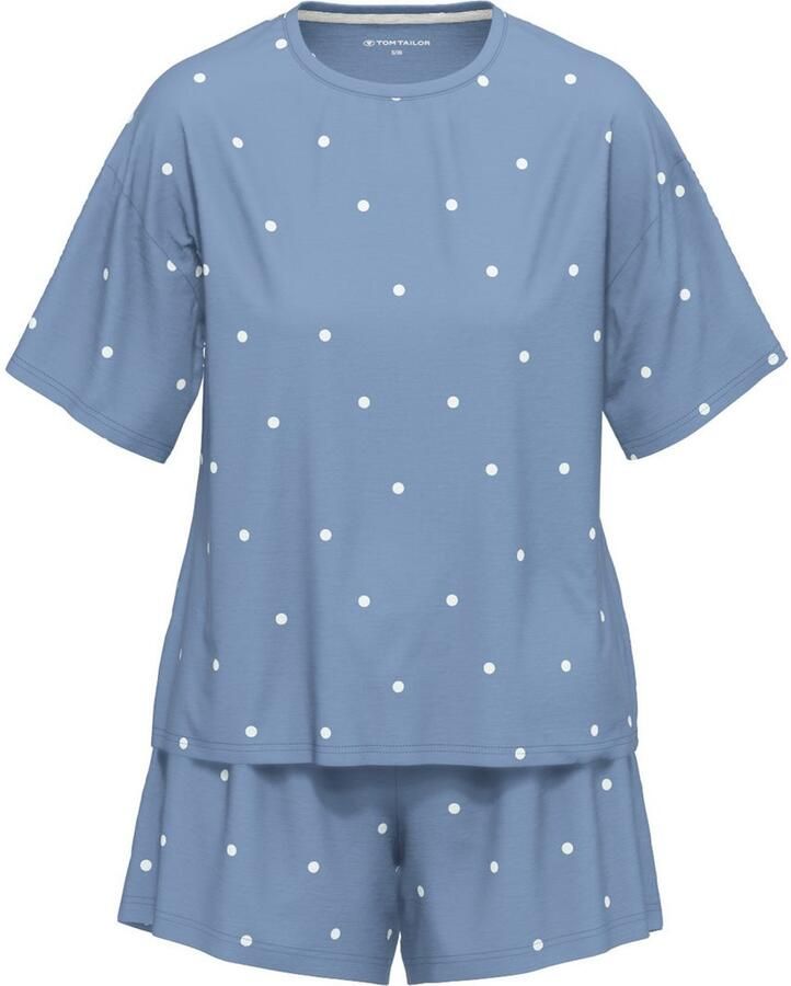 Tom Tailor Shortama Charlotte gestippeld korte mouw ronde hals korte broek vrouwelijk comfortabel (2-delig)