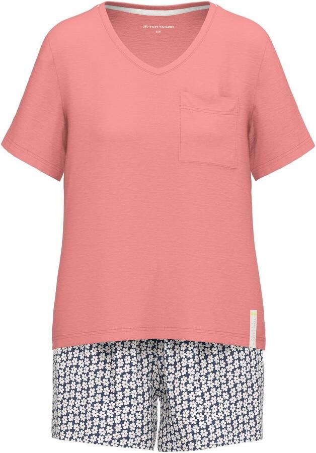 Tom Tailor Shortama Westport met print korte mouwen v-hals korte broek katoenmix (2-delig)