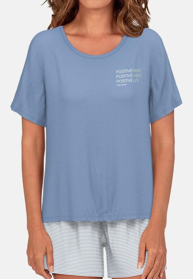 Tom Tailor Shortama Westport Streepdesign korte mouw ronde hals korte broek katoenmix (2-delig)