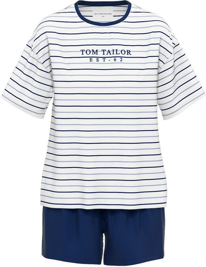 Tom Tailor Shortama Zaria Streepdesign korte mouw ronde hals korte broek katoenmix (2-delig)