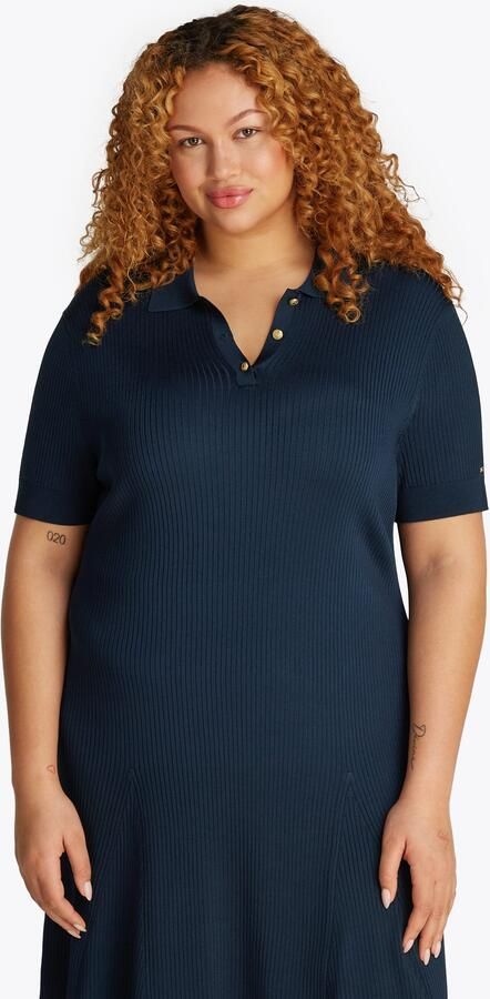 Tommy Hilfiger Curve Gebreide jurk CRV RIB BTN F&F POLO SWT DRESS in grote maten polokraag logo-borduursel - Foto 5