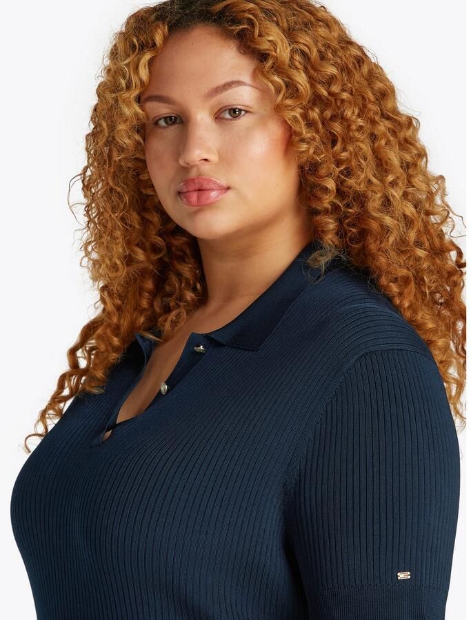 Tommy Hilfiger Curve Gebreide jurk CRV RIB BTN F&F POLO SWT DRESS in grote maten polokraag logo-borduursel