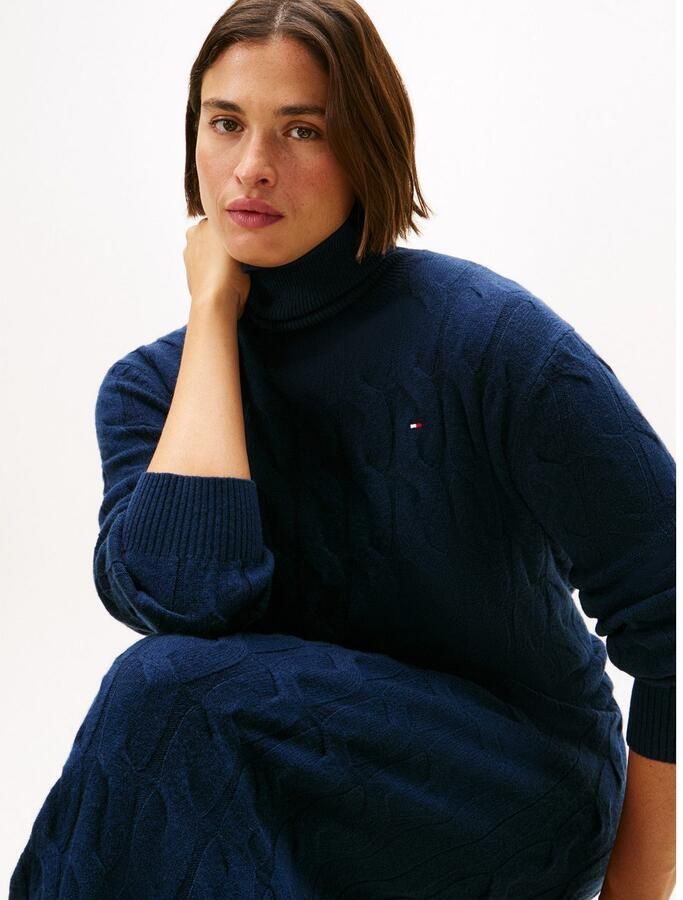 Tommy Hilfiger Curve Gebreide jurk CRV SOFT WOOL CABLE ROLL-NK DRS in grote maten met kabelpatroon van zuiver wol