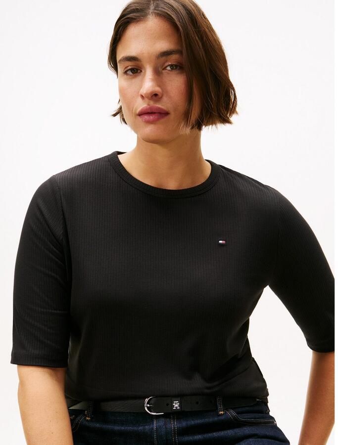 Tommy Hilfiger Curve Shirt met korte mouwen CRV SLIM 5X2 RIB C-NK 1 2 SLV in grote maten in geribbelde structuur