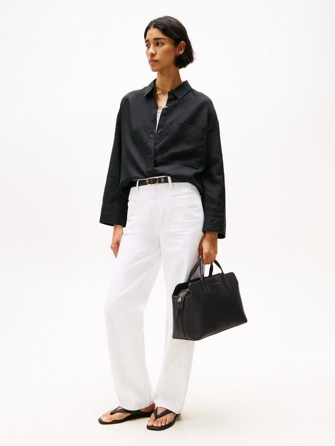 Tommy Hilfiger Draagtas TH LOGOTAPE SATCHEL dames schoudertas zakelijke tas met goudkleurig logo - Foto 3