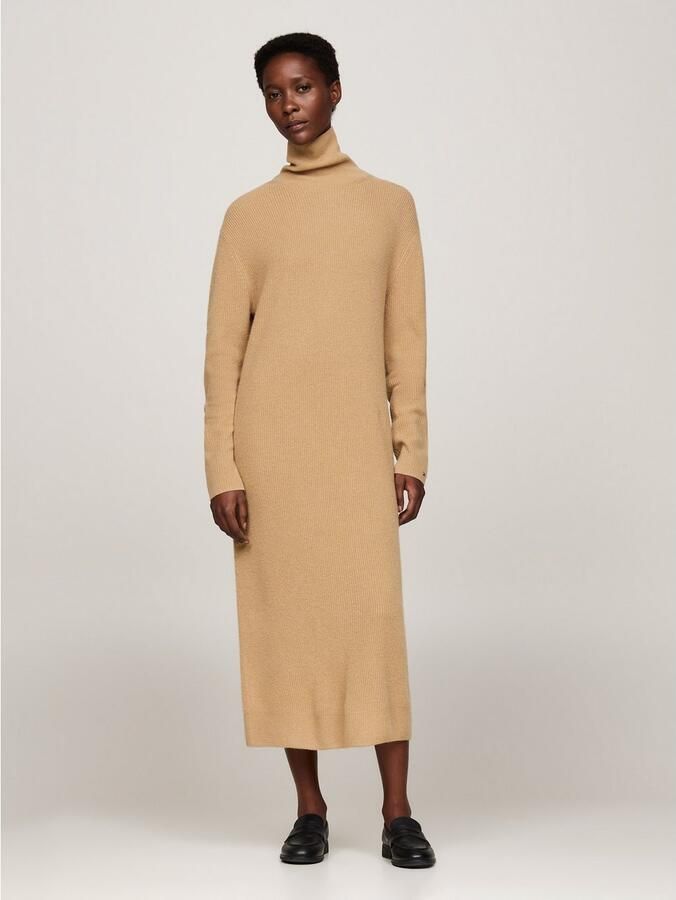Tommy Hilfiger Gebreide jurk WOOL CASH ROLL-NK LONG DRESS met logo-borduursel in riblook - Foto 5