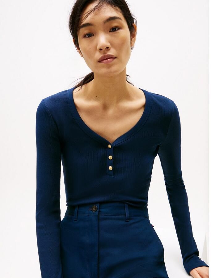 Tommy Hilfiger Shirt met lange mouwen SLIM HENLEY GB SCOOP-NK LS met ribstructuur met metalen label - Foto 6