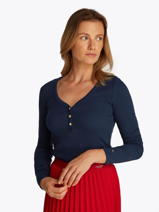 Tommy Hilfiger Shirt met lange mouwen SLIM HENLEY GB SCOOP-NK LS met ribstructuur met metalen label - Foto 11