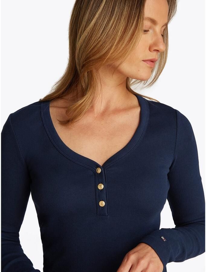 Tommy Hilfiger Shirt met lange mouwen SLIM HENLEY GB SCOOP-NK LS met ribstructuur met metalen label - Foto 7