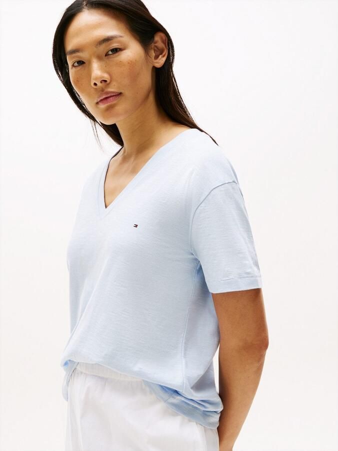Tommy Hilfiger T-shirt SLUB CROP V-NK SS met open rand met logoborduring - Foto 3