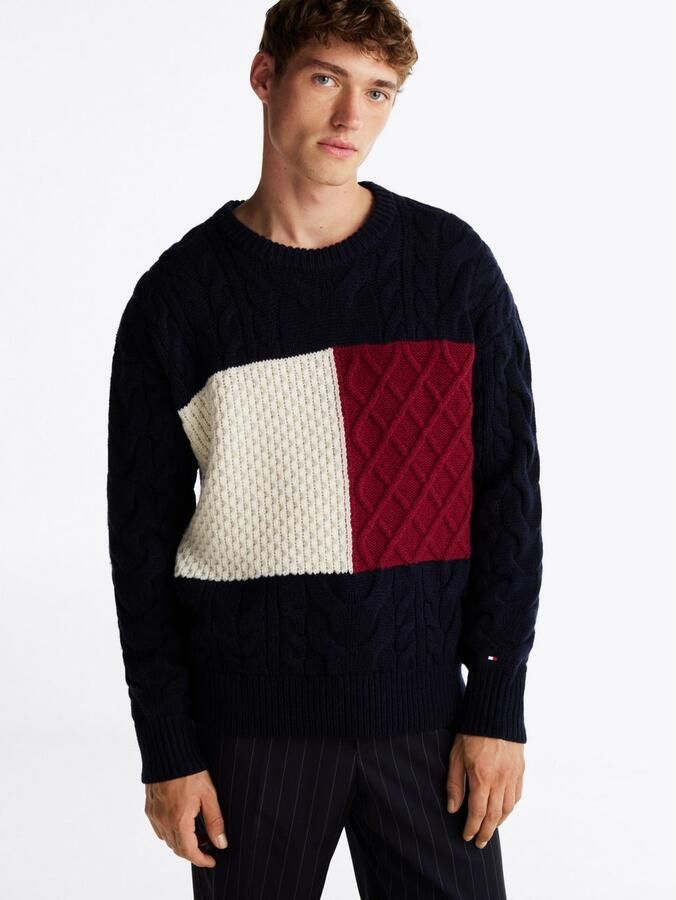 Tommy Hilfiger Trui met ronde hals CABLE FLAG SWEATER met colorblocking-ontwerp aan de voorkant - Foto 4