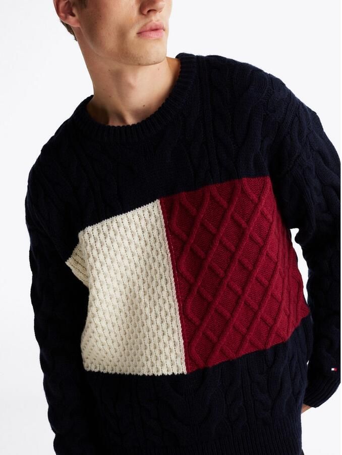 Tommy Hilfiger Trui met ronde hals CABLE FLAG SWEATER met colorblocking-ontwerp aan de voorkant - Foto 3
