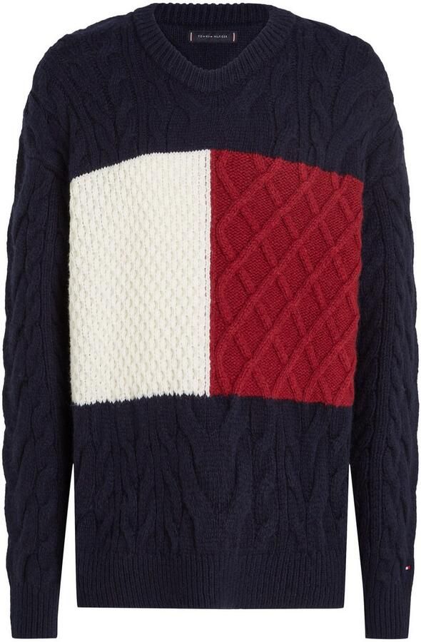 Tommy Hilfiger Trui met ronde hals CABLE FLAG SWEATER met colorblocking-ontwerp aan de voorkant - Foto 10