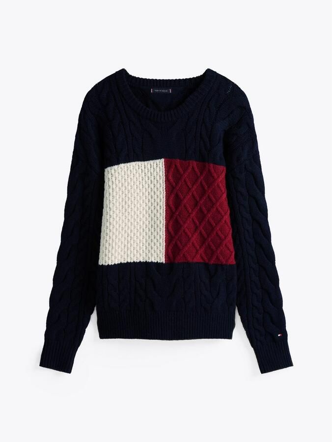 Tommy Hilfiger Trui met ronde hals CABLE FLAG SWEATER met colorblocking-ontwerp aan de voorkant - Foto 7