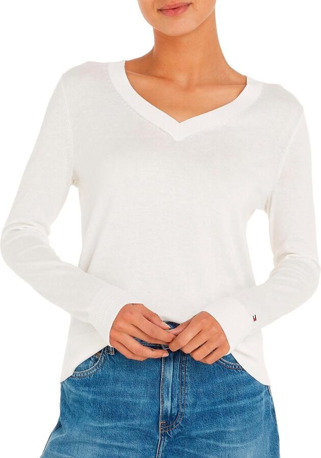 Tommy Hilfiger Trui met V-hals CO JERSEY STITCH V-NK SWEATER Contrastkleurige strepen in de hals en logo borduursel op de mouw - Foto 6