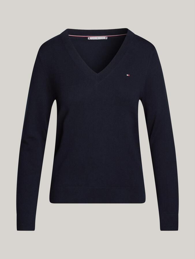 Tommy Hilfiger Trui met V-hals CO JERSEY STITCH V-NK SWEATER Contrastkleurige strepen in de hals en logo borduursel op de mouw - Foto 6