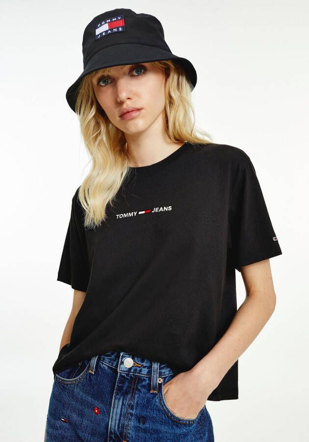 TOMMY JEANS Shirt met ronde hals TJW BXY CROP LINEAR LOGO TEE met linear logo opschrift opgestikt
