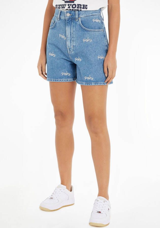 Tommy Jeans high waist mom short Mom met all over print en borduursels medium blue