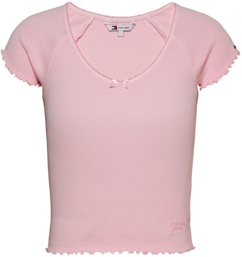 TOMMY JEANS Shirt met korte mouwen TJW SLIM VNECK GMD RIB SS met rolranden in vrouwelijke stijl