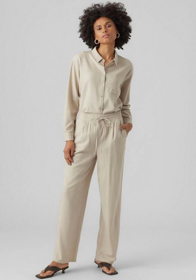 Vero Moda Broek van veen mix van viscose en linnen met wijde pijpen en elastische band - Foto 4