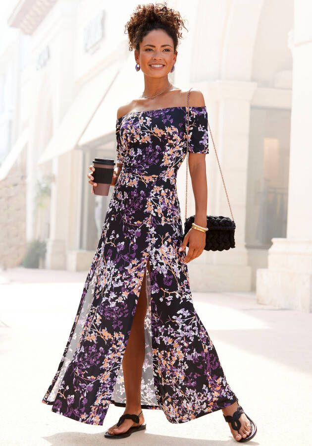 Vivance Maxi-jurk met lange splits en carmen-halslijn zomerjurk