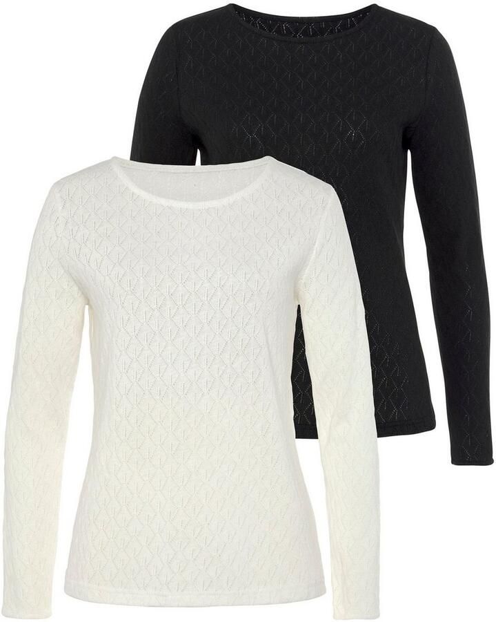 Vivance Shirt met lange mouwen Met modieus ajourpatroon (2-delig Set van 2)