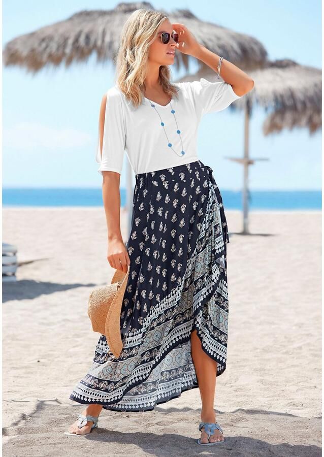 Vivance Maxirok met print op de boorden en diagonale volants wikkelrok zomerrok