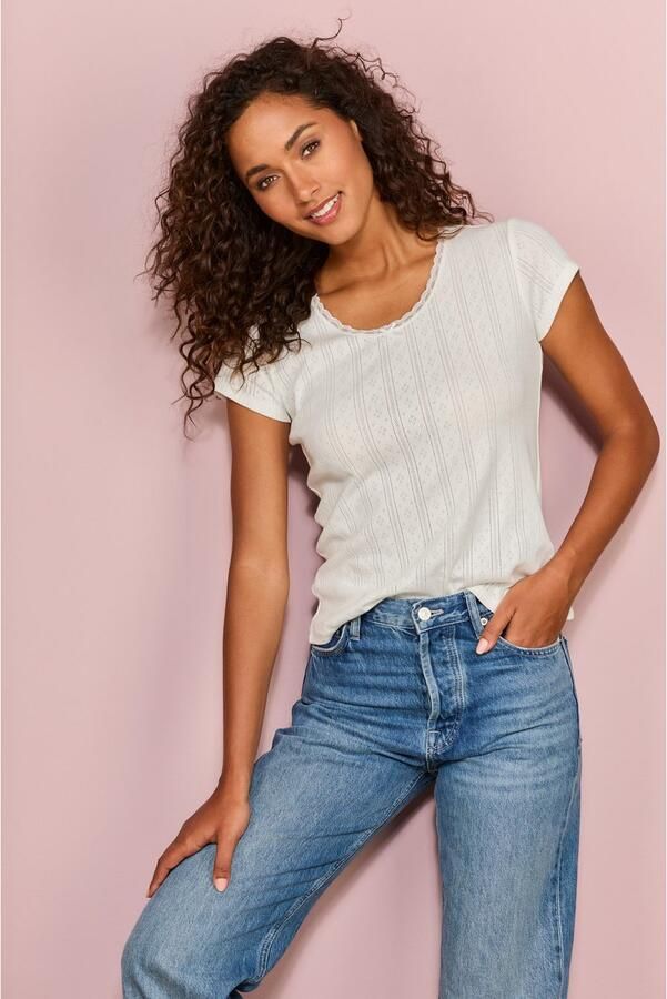 Vivance T-shirt van zacht pointelle-breisel met kant (Set van 2) - Foto 6