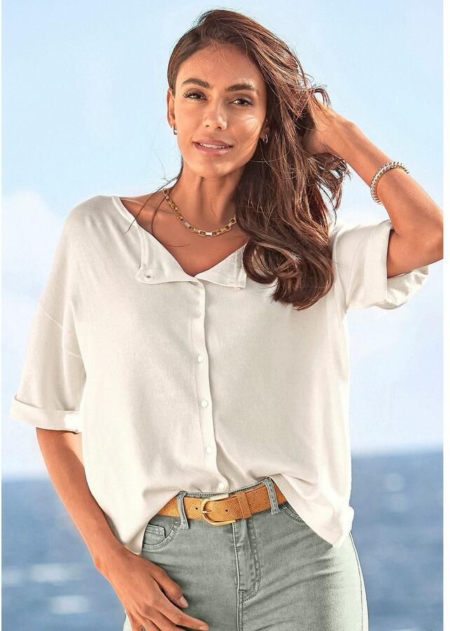 Vivance Trui met korte mouwen met knoopsluiting kan aan beide kanten worden gedragen 3 4 trui fijne gebreide stof - Foto 3